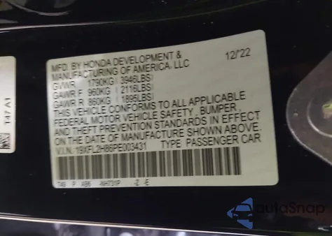 2023 Honda Civic Sport z USA, uszkodzony, nr VIN 19XFL2H86PE003431